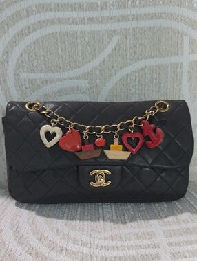 CHANEL ValentineBlack Quilted Leather Shoulder Bag with Charm Chain